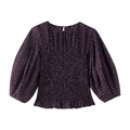 Blusa minimalista de lunares con escote cuadrado, mangas abullonadas y cuerpo fruncido - S / Puntos Morados Oscuros