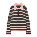 Pull polo en maille rayée avec col rose contrasté et manches longues pour femmes - S / Bloc de Couleur Rayé