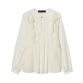 Elegante camisa blanca de gasa con mangas largas, volantes y detalle de botón dorado - XS / Blanco
