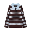 Maglione in maglia a righe marroni e blu con colletto a polo e bottoni a contrasto da donna - Taglia S / Righe Blu Chiaro