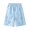 Detail der hellblauen Shorts mit weißer Stickerei und praktischem Elastikbund - XS / Blaue Shorts