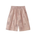 Detailed view of women's lotus pink hollow embroidery cotton shorts with elastic waistband - XS / Bottoms / Dusky Pink