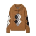 Jersey de punto marrón para mujer con rombos, cuello polo y botones decorativos - S / Tostado