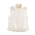 Elegant sleeveless turtleneck vest in cream beige with fringe hem detail on white background - S / Milky White