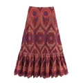 Falda midi bohemia rojo ladrillo con bordados florales y volante bordado calado - XS / Falda Rojo Vino
