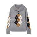 Jersey de punto gris holgado con patrón de rombos clásico y cuello polo abotonado - S / Gris