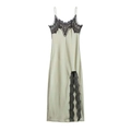 Robe nuisette élégante en satin champagne avec bordure en dentelle noire et fente latérale - XS / vert clair