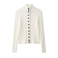 Cárdigan de punto trenzado blanco crema con cuello alto y botones negros chic - S / Blanco