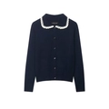 Donkerblauw gebreid vest met witte gehaakte kanten kraag en knoopsluiting - S / Marineblauw