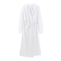 Elegante vestido largo cruzado blanco de manga larga con cuello en V y lazo ajustable - XS / Blanco