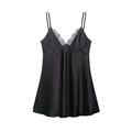 Schwarzes Satin-Unterkleid für Damen mit V-Ausschnitt und feiner Wimpernspitze am Saum - XS / Schwarz