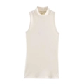Minimalist beige sleeveless turtleneck knit top with vertical ribbed texture on white back - S / Creamy White