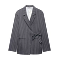 Blazer gris foncé à rayures pour femmes avec ceinture nouée et revers élégant - XS / Veste de blazer grise