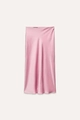Detail shot of smooth pink satin midi skirt fabric with glossy finish and clean cut - Pink
