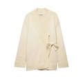 Detailed view of the rib-knit cuffs and delicate hollow-out pattern on the cream cardigan - S / Apricot
