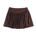 Women's high-waisted dark brown bubble skirt with pleated hem and minimalist silhouette - XS / Coffee