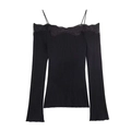 Elegant black off-shoulder ribbed knit top with delicate lace trim and thin straps - S / Black