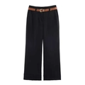 Pantaloni neri a gamba larga a vita alta da donna con cintura marrone e risvolto al fondo - XS / Nero