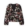 Bloemenprint V-hals shirt met lange mouwen, pofmouwen en peplum zoom op witte achtergrond - S / Zwart Bloemen
