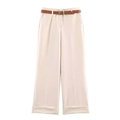 Eleganti pantaloni beige a vita alta a gamba larga con sottile cintura in pelle marrone - XS / Bianco Sporco