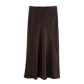 Detailed view of dark coffee satin midi skirt with elegant silk-like glossy finish - Brown