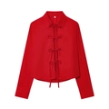 Minimalistische rote Damen-Langarmbluse mit eleganten Schleifenbindungen vorne - XS / Rot