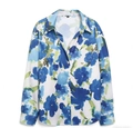 Detailed view of white satin floral shirt with blue flowers and classic collar detail - XS / Blue Floral