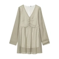 Minimalist light apricot pleated mini dress with deep V-neck and textured long sleeves - S / Light Green