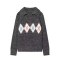 Classic grey argyle knit polo sweater with fuzzy wool texture and three-button collar - S / Dark Gray
