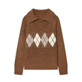 Classic argyle polo sweater in brown with knit texture and buttoned turn-down collar - S / Brown