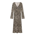 Minimalistisches V-Ausschnitt Langarmkleid mit modischem Leopardenmuster auf weißem Grund - S / Beige Leopard
