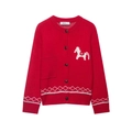 Red knit cardigan with white horse pattern and geometric trim on hem and cuffs - S / Red