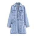 Light blue long sleeve denim dress with collar and waist belt detail on white background - XS / Blue