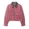 Chaqueta de pana rosa para mujer con cuello de cuero marrón en contraste y cierre de cremallera - XS / Rosa Oscuro