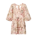 Abito a fiori con scollo a V, maniche a sbuffo e trama in seta beige in vista piatta - XS / Albicocca Beige