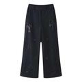 Dunkelgraue Nadelstreifen-Hose mit weitem Bein und Distressed-Patch-Details für Damen - S / Schwarze Hose