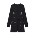 Détail du cardigan noir tricoté avec motifs de feuilles en strass argentés et ceinture à nouer - S / Noir