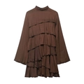 Dark brown satin mini dress with tiered ruffle layers and high neck design - XS / Dark Brown
