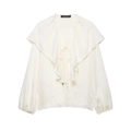 Elegante camicetta crema a maniche lunghe con collo a balze e dettaglio stringato - XS / Bianco Sporco