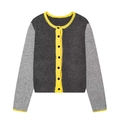 Cardigan vintage pour femme avec blocs de couleurs, manches longues et liseré jaune - S / Gris Color-block