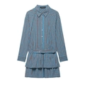Kurzes Damen-Karo-Kleid mit langen Ärmeln, Bindegürtel und gestuftem Volant-Saum - XS / Blau Braun Kariert