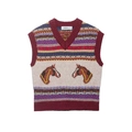 Gilet in maglia retrò con scollo a V, motivi Fair Isle e ricami a testa di cavallo - Taglia S / Rosso Vino/Jacquard Multicolore