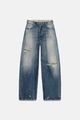 Detail view of vintage light blue wide-leg jeans with double-waistband and distressed holes - XS / Dark Blue