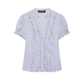 Damen Kurzarmhemd mit blauen Streifen, V-Ausschnitt und Rüschen an der Knopfleiste - XS / Blauer Streifen