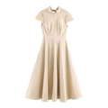 Elegante abito midi a trapezio bianco panna con colletto alla coreana e maniche corte - XS / Albicocca