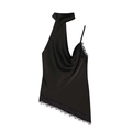 Elegant black satin halter neck top with asymmetrical lace hem and draped neckline - XS / Black
