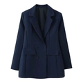 Donkerblauwe double-breasted damesblazerjurk met diepe V-hals en slanke pasvorm - S / Marineblauw