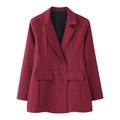 Bordeauxrode double-breasted damesblazer met klassieke revers en klepzakken detail - S / Donkerrood