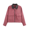 Detail of rose pink corduroy jacket featuring a contrasting dark brown faux leather collar - Lotus Pink