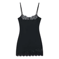 Elegant black satin slip dress with eyelash lace trim and asymmetric hem design - S / Black